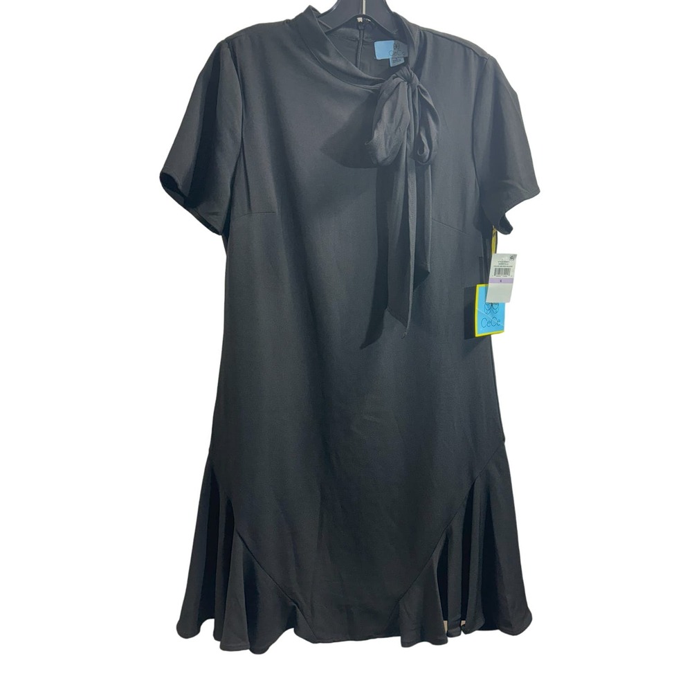 CeCe NWT Bow Neck Short Sleeve Crepe Shift Dress in Rich‎ Black Sz US6 MSRP$129